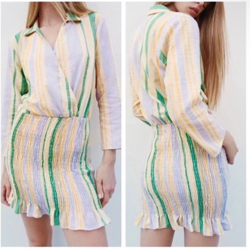 ZARA | Valery Striped Long Sleeve Mini Dress Smocked Skirt Women’s Size Small